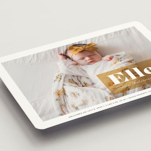 This is a marigold birth announcement magnets with standard by Maria Hilas-Louie called magazine block printing on magnet paper in magnet