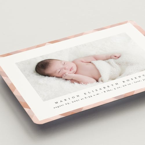 This is a terracotta birth announcement magnets with standard by Erica Krystek called desert plaid printing on magnet paper in magnet