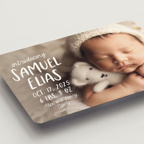 This is a cloud birth announcement magnets with standard by Lea Delaveris called all write printing on magnet paper in magnet