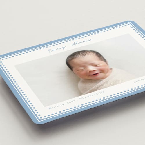 This is a sky birth announcement magnets with standard by Nicole Walsh called stitched frame printing on magnet paper in magnet