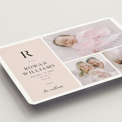 This is a blush birth announcement magnets with standard by Robert and Stella called monogram block printing on magnet paper in magnet