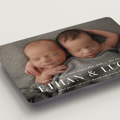 This is a baby powder birth announcement magnets with standard by Hooray Creative called double take printing on magnet paper in magnet