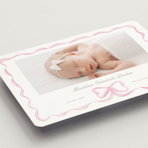 This is a peony birth announcement magnets with standard by Creo Study called squiggle bow printing on magnet paper in magnet