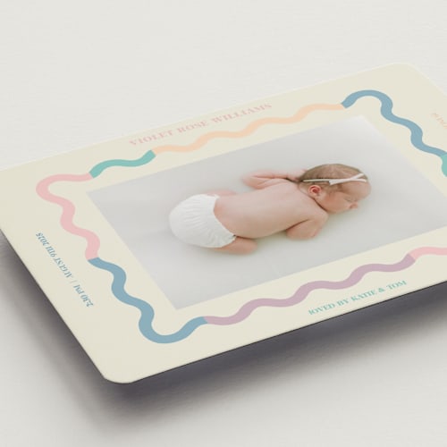 This is a cream birth announcement magnets with standard by Baumbirdy called wavy pastel frame printing on magnet paper in magnet