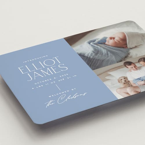 This is a periwinkle birth announcement magnets with standard by Jessica Corliss called announcing elegance printing on magnet paper in magnet