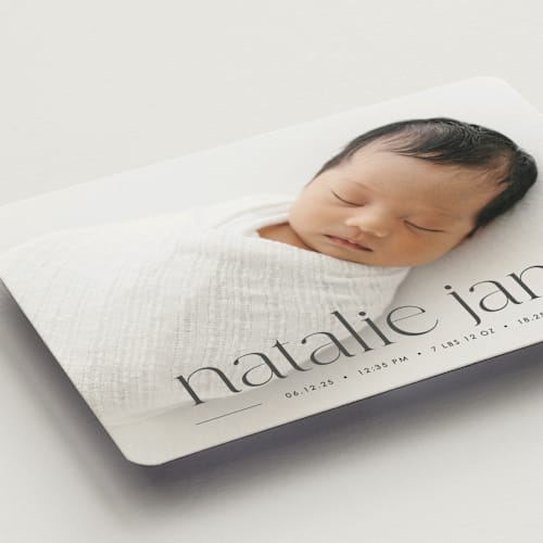 This is a onyx birth announcement magnets with standard by Erin Deegan called announcing baby printing on magnet paper in magnet