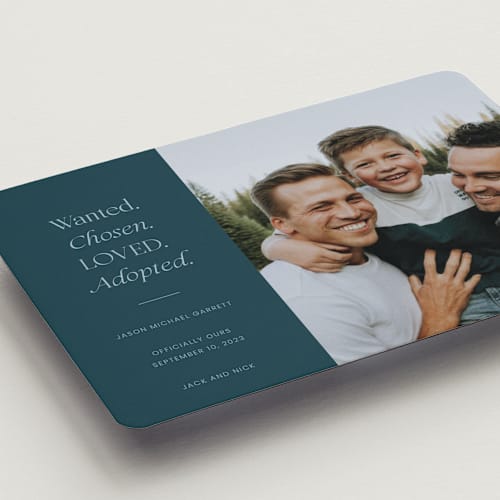 This is a jade birth announcement magnets with standard by That Girl Press called favorite things printing on magnet paper in magnet