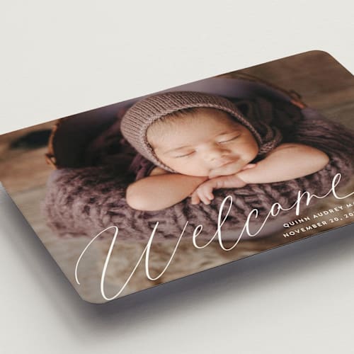 This is a cloud birth announcement magnets with standard by Jackie Crawford called swoop printing on magnet paper in magnet