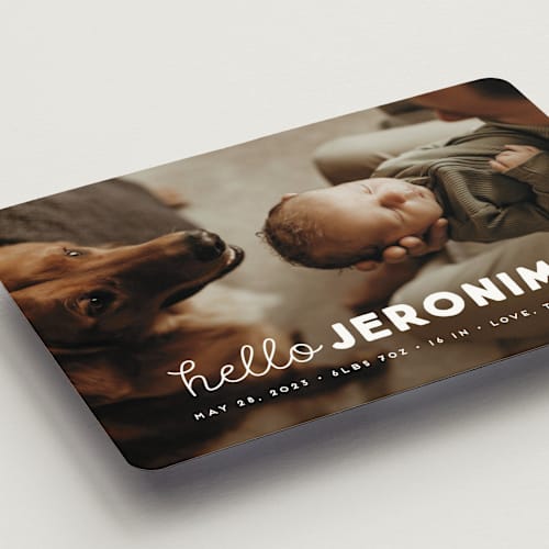 This is a cloud birth announcement magnets with standard by Snow and Ivy called meet me printing on magnet paper in magnet