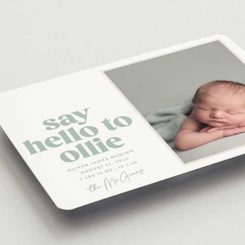 This is a mint birth announcement magnets with standard by Robert and Stella called clarke printing on magnet paper in magnet