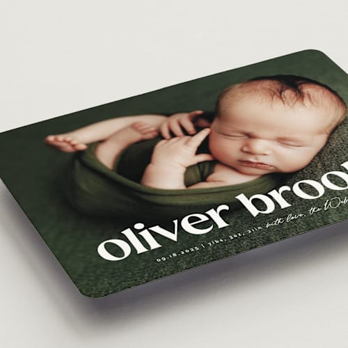 This is a salt birth announcement magnets with standard by Lea Delaveris called the simplest printing on magnet paper in magnet