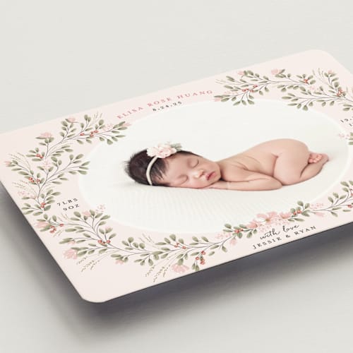 This is a blush birth announcement magnets with standard by Susan Moyal called sweet floral vine printing on magnet paper in magnet