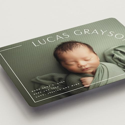 This is a snow birth announcement magnets with standard by Lauren Chism called take shape printing on magnet paper in magnet