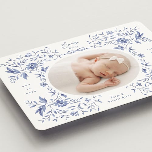 This is a bluebird birth announcement magnets with standard by Susan Zinader called daisy toile printing on magnet paper in magnet