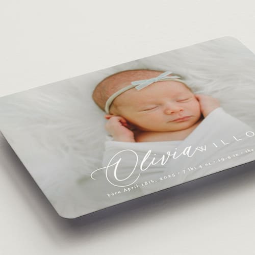 This is a cloud birth announcement magnets with standard by Everett Paper Goods called serenity printing on magnet paper in magnet