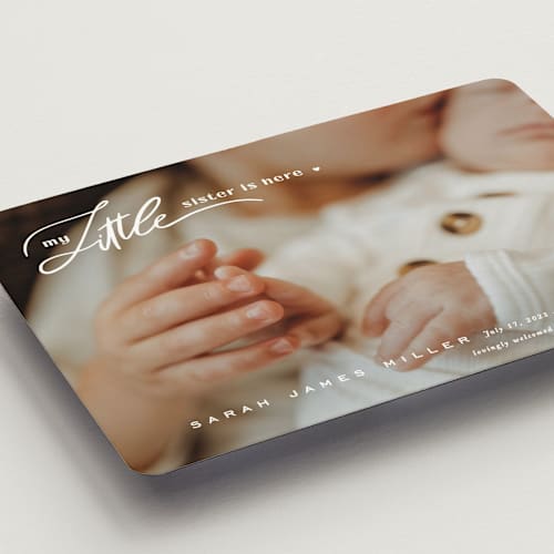 This is a cotton birth announcement magnets with standard by Creo Study called sibling intro printing on magnet paper in magnet