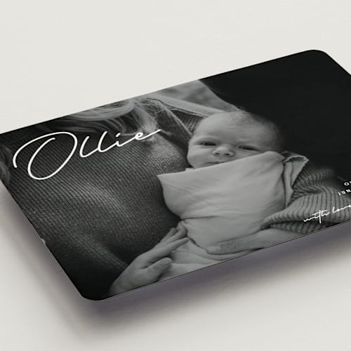 This is a cloud birth announcement magnets with standard by Brandy Folse called that's my name printing on magnet paper in magnet