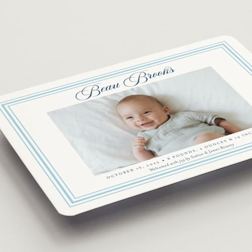 This is a baby blue birth announcement magnets with standard by Alston Foster called little darling printing on magnet paper in magnet