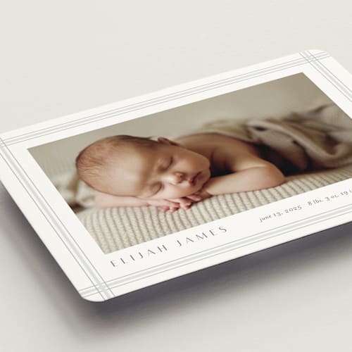 This is a cement birth announcement magnets with standard by Stacey Meacham called soft plaid printing on magnet paper in magnet