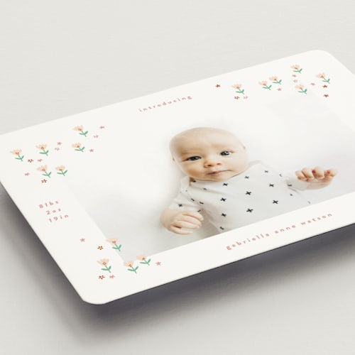 This is a spring birth announcement magnets with standard by Phrosné Barwood called tiny blooms printing on magnet paper in magnet