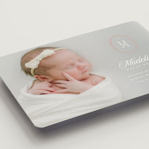 This is a petal birth announcement magnets with standard by Robert and Stella called cameo printing on magnet paper in magnet