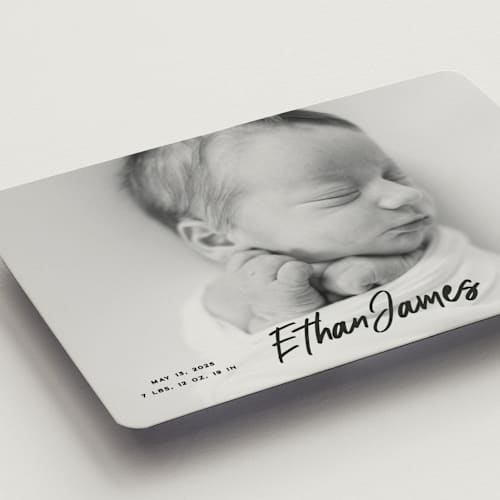 This is a volcano birth announcement magnets with standard by Owl and Toad called just the facts printing on magnet paper in magnet