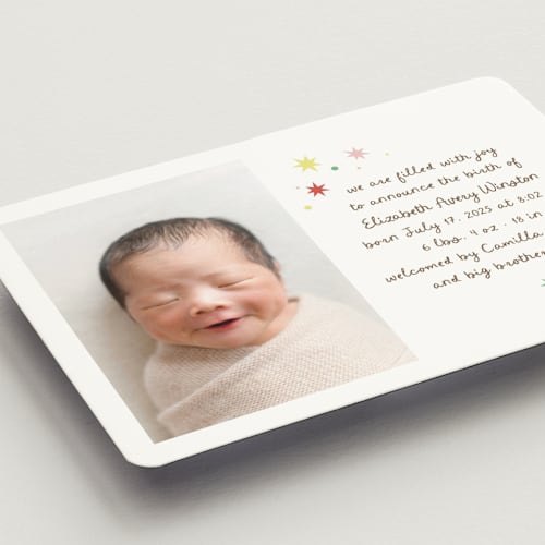 This is a strawberry birth announcement magnets with standard by Megan Davis called constellation printing on magnet paper in magnet
