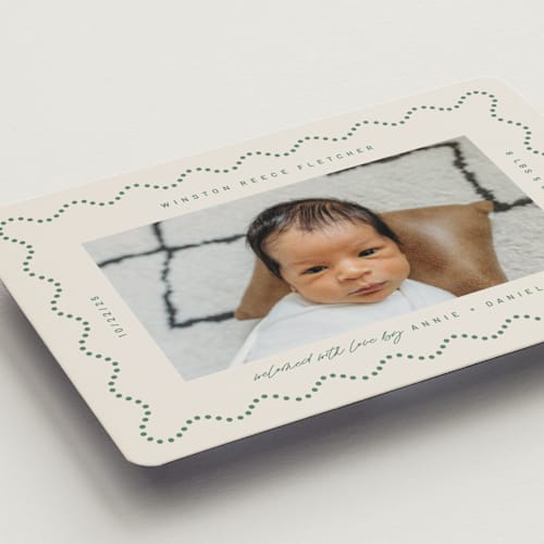 This is a moss birth announcement magnets with standard by Kelly Watkins called squiggle printing on magnet paper in magnet