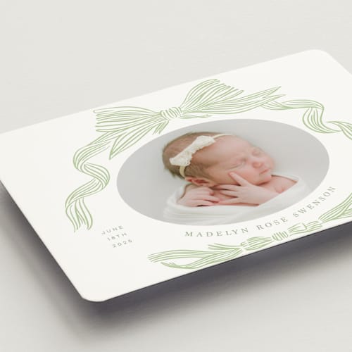 This is a mint birth announcement magnets with standard by Stephanie Hawkes called ribbon bow frame printing on magnet paper in magnet