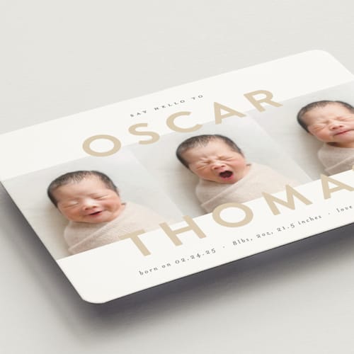 This is a sand birth announcement magnets with standard by Carolyn MacLaren called trio overlay printing on magnet paper in magnet