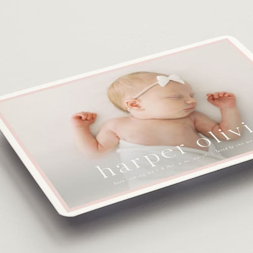 This is a rose birth announcement magnets with standard by Alexandra Cohn called portraiture printing on magnet paper in magnet