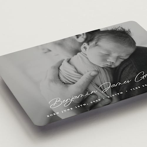 This is a snow birth announcement magnets with standard by Bethan called handwriting printing on magnet paper in magnet