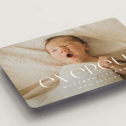 This is a linen birth announcement magnets with standard by Erica Krystek called modern name printing on magnet paper in magnet