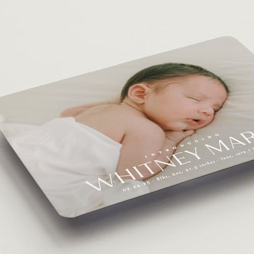 This is a cloud birth announcement magnets with standard by Carolyn MacLaren called baby classic printing on magnet paper in magnet
