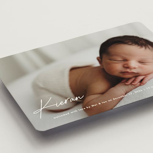 This is a marshmallow birth announcement magnets with standard by chocomocacino called raclette printing on magnet paper in magnet