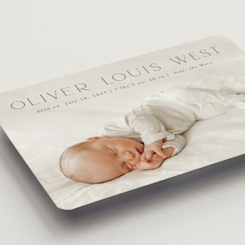 This is a fog birth announcement magnets with standard by Julia Hall called our hearts printing on magnet paper in magnet