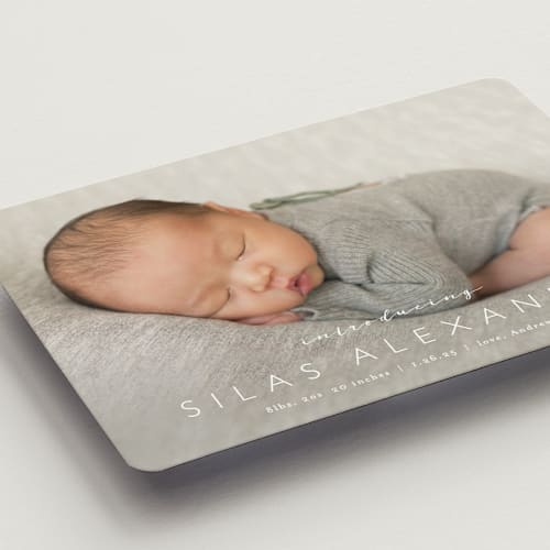 This is a cloud birth announcement magnets with standard by Carolyn MacLaren called baby bliss printing on magnet paper in magnet