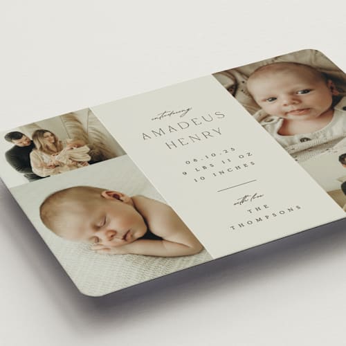 This is a boho neutral birth announcement magnets with standard by Ana Sharpe called photo stack printing on magnet paper in magnet