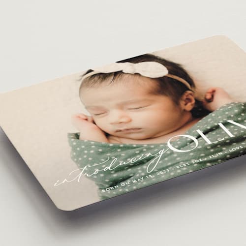 This is a natural birth announcement magnets with standard by Ana Sharpe called bold introduction printing on magnet paper in magnet