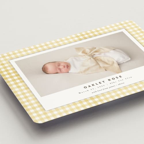 This is a marigold birth announcement magnets with standard by Jessie Steury called gingham printing on magnet paper in magnet