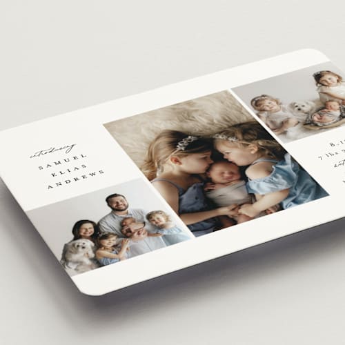 This is a noir birth announcement magnets with standard by Emily Betts called three printing on magnet paper in magnet