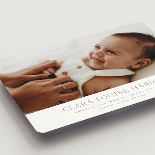 This is a moon birth announcement magnets with standard by Megan Davis called canvas printing on magnet paper in magnet