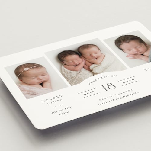 This is a slate birth announcement magnets with standard by Hooray Creative called twinsies printing on magnet paper in magnet