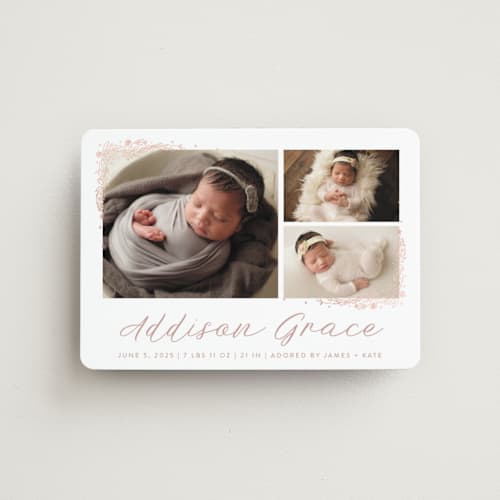 This is a burnt rose birth announcement magnets with foil pressed by Amy Payne called delicate collage printing on magnet paper in magnet