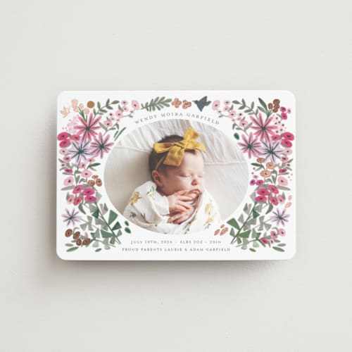 This is a rose birth announcement magnets with foil pressed by Morgan Ramberg called blossom baby printing on magnet paper in magnet