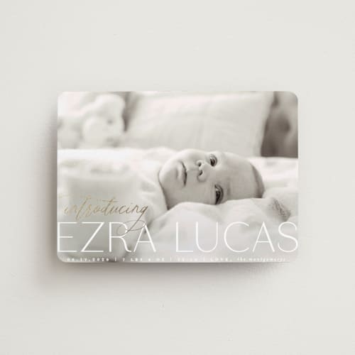 This is a ice birth announcement magnets with foil pressed by Everett Paper Goods called flourished printing on magnet paper in magnet