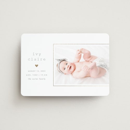 This is a cloud birth announcement magnets with foil pressed by Carolyn Nicks called our little love printing on magnet paper in magnet