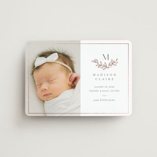 This is a lace birth announcement magnets with foil pressed by Jessica Williams called graceful laurels printing on magnet paper in magnet