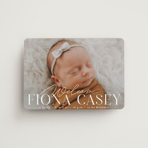 This is a cotton birth announcement magnets with foil pressed by Everett Paper Goods called welcoming printing on magnet paper in magnet