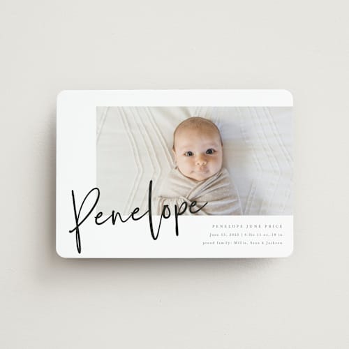 This is a blackboard birth announcement magnets with standard by Amy Payne called clean lines printing on magnet paper in magnet